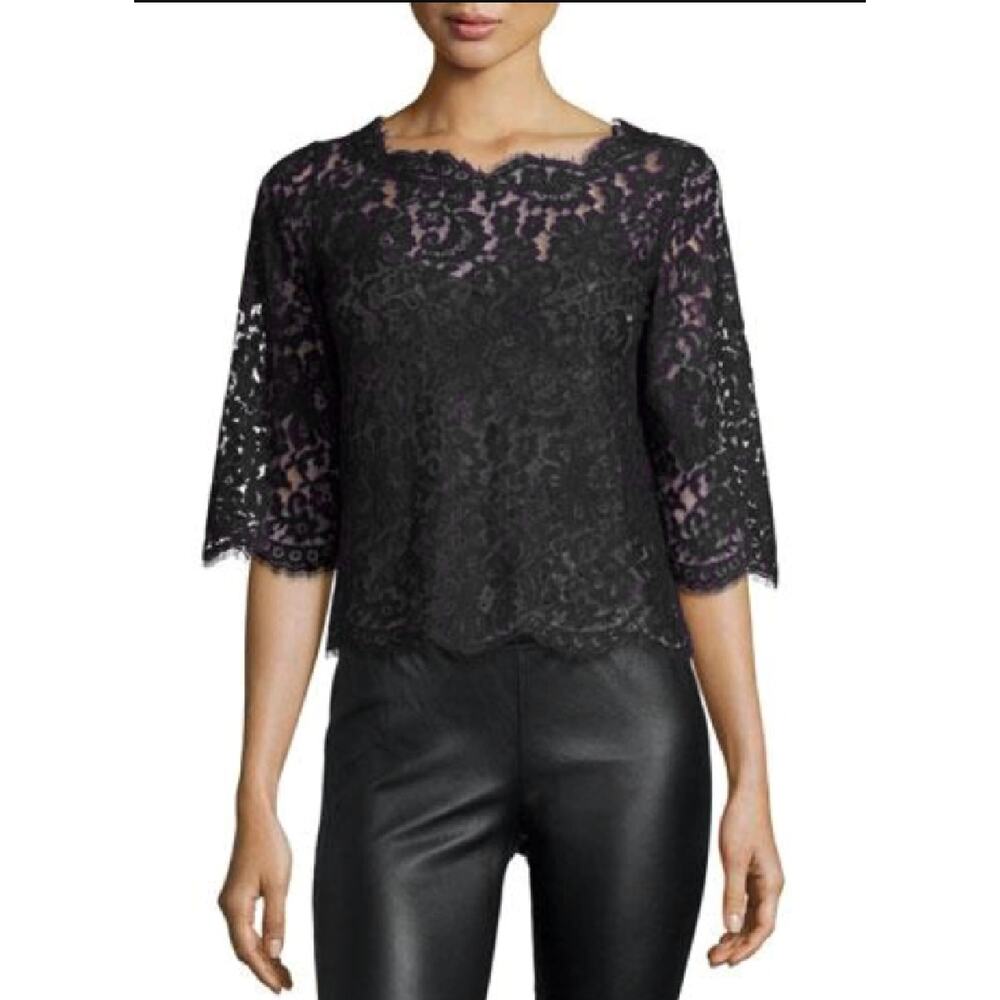 Joie Elvia Black Lace Top  Size Small Metallic Button Back Cropped Sheer